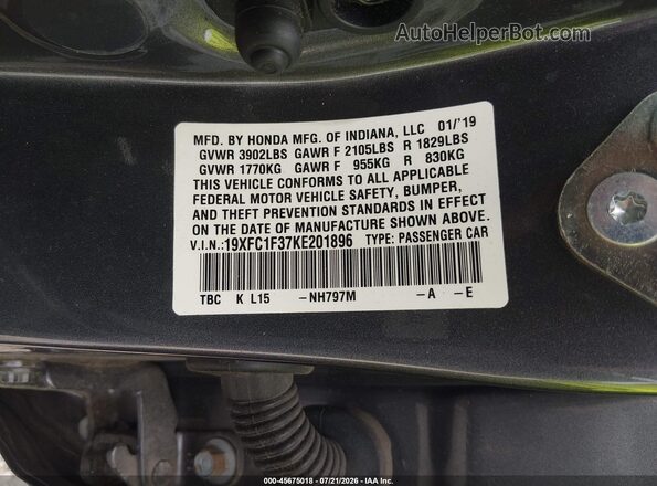 19XFC1F37KE201896 2019 HONDA CIVIC Серый Вид подкапотного пространства