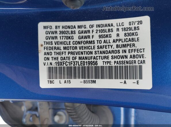 19XFC1F37LE019956 2020 HONDA CIVIC Blue Շարժիչի բաժամունքի տեսք