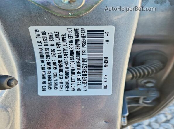 19XFC1F38KE211191 2019 HONDA CIVIC Silver VIN კოდის სტიკერის ხედი