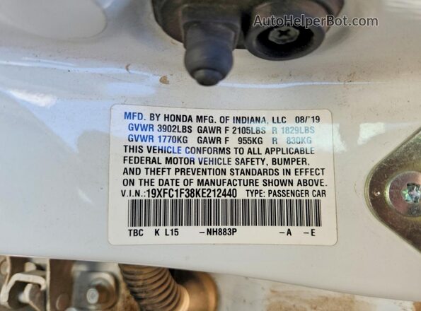 19XFC1F38KE212440 2019 HONDA CIVIC White Widok naklejki z numerem VIN