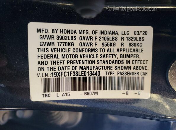 19XFC1F38LE013440 2020 HONDA CIVIC Blue VIN კოდის სტიკერის ხედი