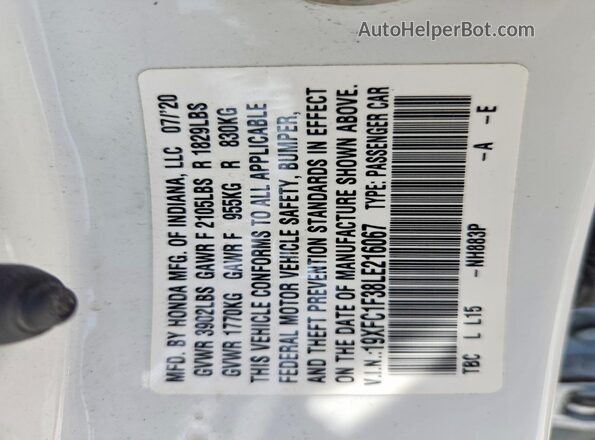 19XFC1F38LE216067 2020 HONDA CIVIC White Engine compartment view