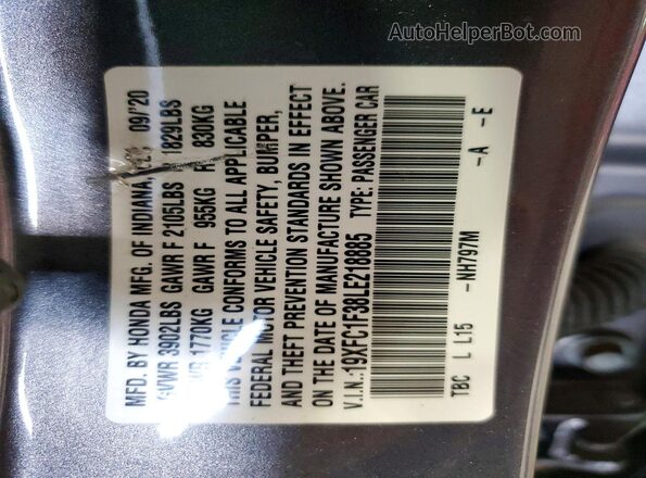 19XFC1F38LE218885 2020 HONDA CIVIC Gray Widok komory silnika