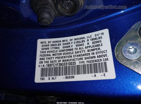 19XFC1F39GE010035 2016 HONDA CIVIC Blue ძრავის განყოფილების ხედი