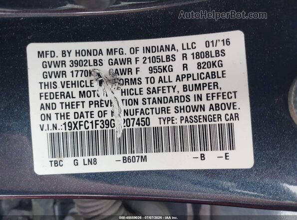 19XFC1F39GE207450 2016 HONDA CIVIC Blue Engine compartment view