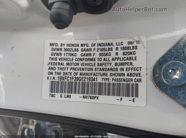 19XFC1F39GE219341 2016 HONDA CIVIC White Շարժիչի բաժամունքի տեսք