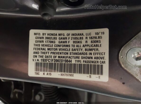 19XFC1F39KE019844 2019 HONDA CIVIC Серый Вид подкапотного пространства