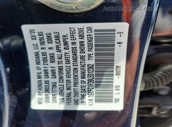 19XFC1F39LE012362 2020 HONDA CIVIC Blue Вид підкапотного простору