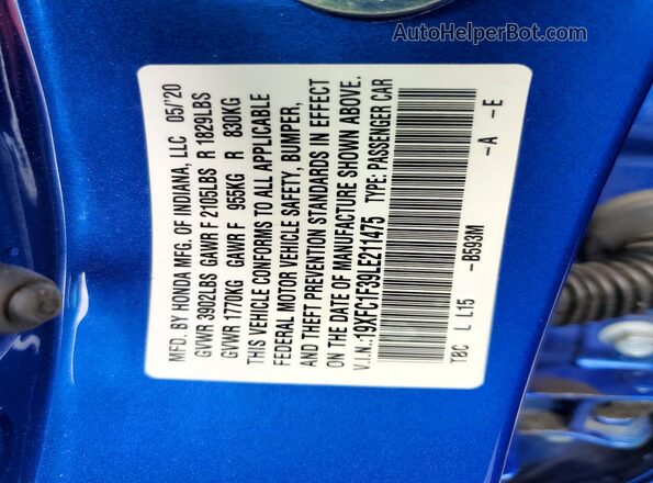 19XFC1F39LE211475 2020 HONDA CIVIC Blue Widok komory silnika