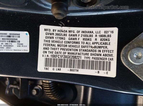 19XFC1F3XGE208221 2016 HONDA CIVIC Gray Widok komory silnika