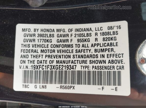 19XFC1F3XGE219347 2016 HONDA CIVIC Black Vista del compartimento del motor