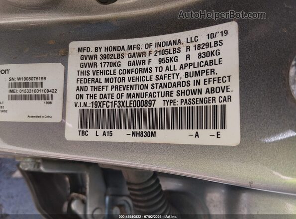 19XFC1F3XLE000897 2020 HONDA CIVIC Silver Շարժիչի բաժամունքի տեսք