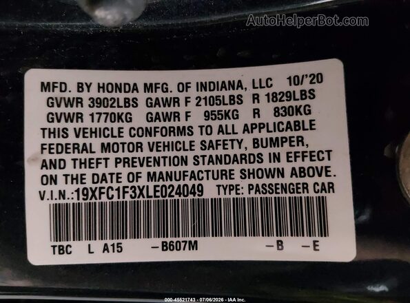 19XFC1F3XLE024049 2020 HONDA CIVIC Dark Blue Vista del compartimento del motor