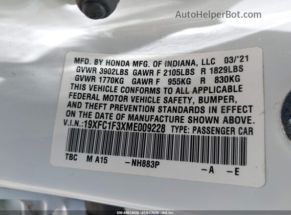 19XFC1F3XME009228 2021 HONDA CIVIC White Вид підкапотного простору