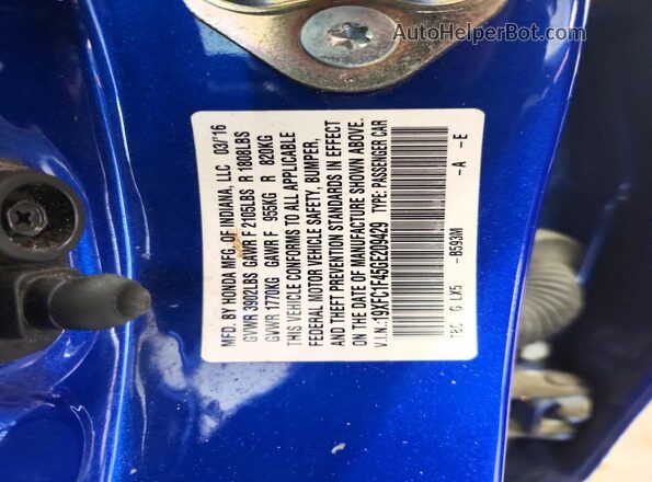 19XFC1F45GE209429 2016 HONDA CIVIC Blue Engine compartment view