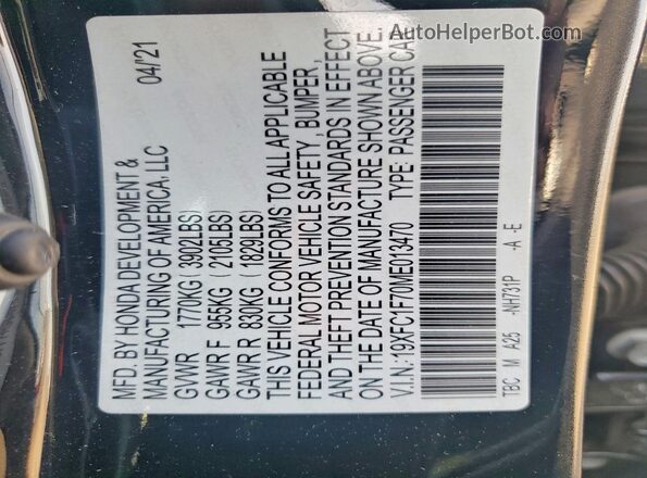 19XFC1F70ME013470 2021 HONDA CIVIC Black VIN კოდის სტიკერის ხედი