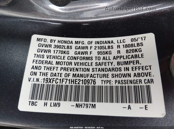 19XFC1F71HE210976 2017 HONDA CIVIC Gray Widok komory silnika
