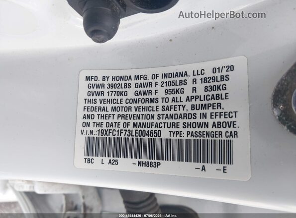 19XFC1F73LE004650 2020 HONDA CIVIC White Շարժիչի բաժամունքի տեսք