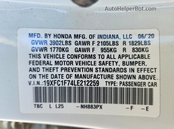 19XFC1F74LE212259 2020 HONDA CIVIC White VIN კოდის სტიკერის ხედი