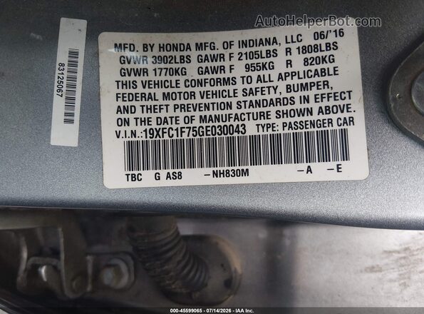 19XFC1F75GE030043 2016 HONDA CIVIC Silver Widok komory silnika
