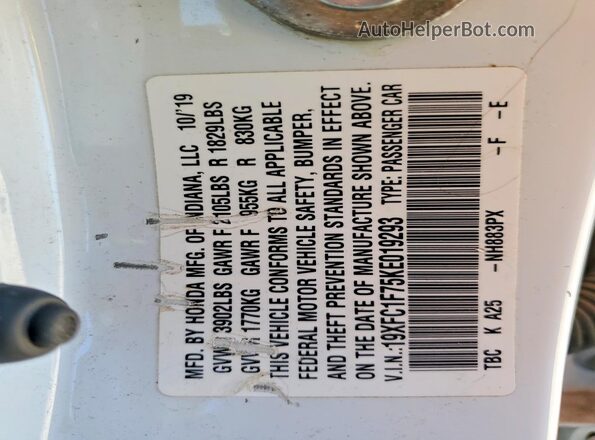 19XFC1F75KE019293 2019 HONDA CIVIC White Engine compartment view