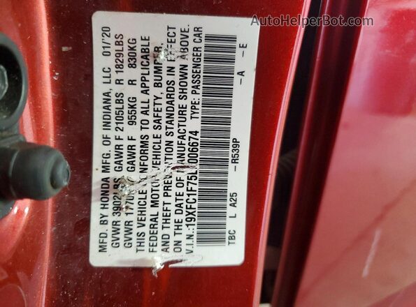 19XFC1F75LE006674 2020 HONDA CIVIC Red ძრავის განყოფილების ხედი