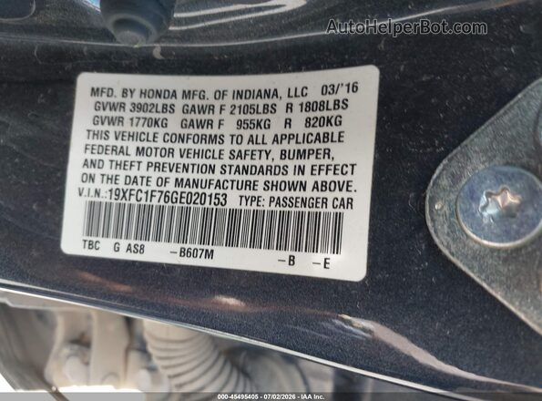 19XFC1F76GE020153 2016 HONDA CIVIC Gray Շարժիչի բաժամունքի տեսք