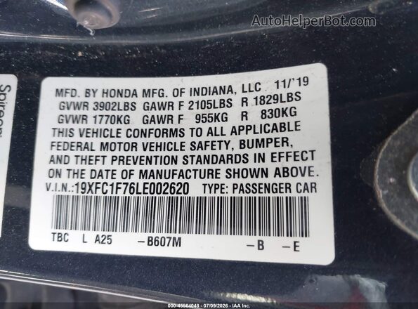 19XFC1F76LE002620 2020 HONDA CIVIC Gray Vista del compartimento del motor