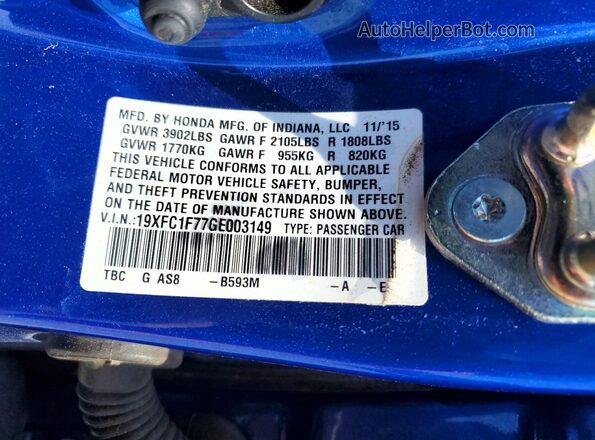 19XFC1F77GE003149 2016 HONDA CIVIC Blue Vista del compartimento del motor