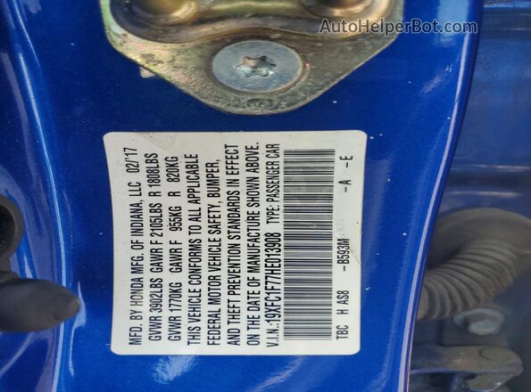 19XFC1F77HE013908 2017 HONDA CIVIC Blue Vista del compartimento del motor