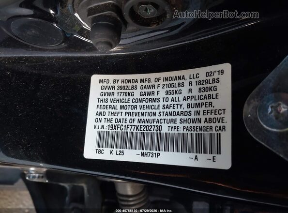19XFC1F77KE202730 2019 HONDA CIVIC Black ძრავის განყოფილების ხედი