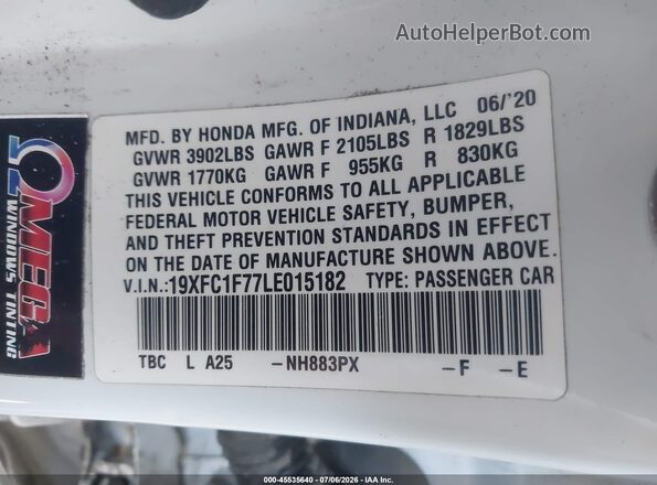 19XFC1F77LE015182 2020 HONDA CIVIC White Вид підкапотного простору