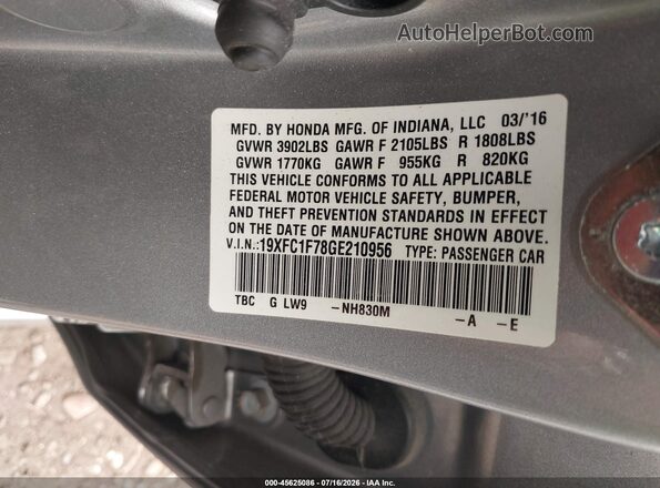 19XFC1F78GE210956 2016 HONDA CIVIC Gray ძრავის განყოფილების ხედი