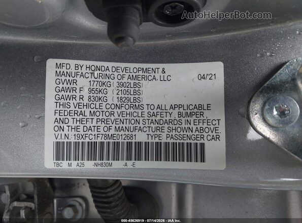 19XFC1F78ME012681 2021 HONDA CIVIC Gray Vista del compartimento del motor