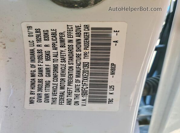 19XFC1F7XKE201393 2019 HONDA CIVIC White Вид підкапотного простору