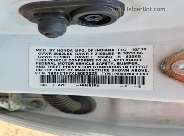 19XFC1F7XLE002023 2020 HONDA CIVIC White VIN კოდის სტიკერის ხედი