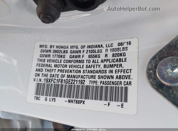19XFC1F81GE221192 2016 HONDA CIVIC White Вид підкапотного простору