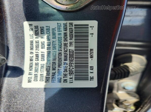 19XFC1F91KE000337 2019 HONDA CIVIC Gray Вид підкапотного простору
