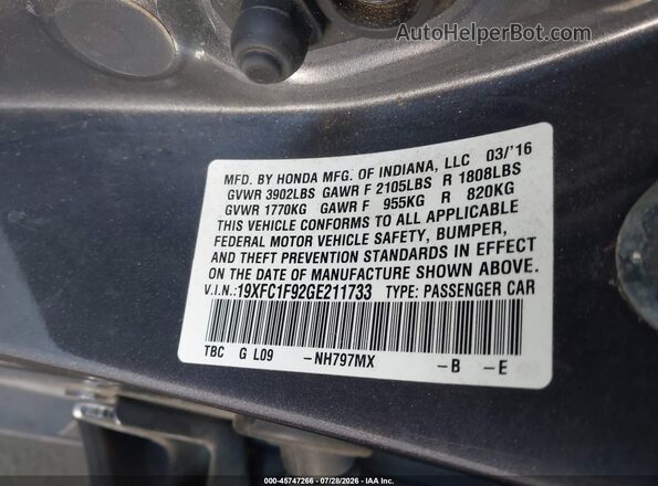 19XFC1F92GE211733 2016 HONDA CIVIC Gray Widok komory silnika