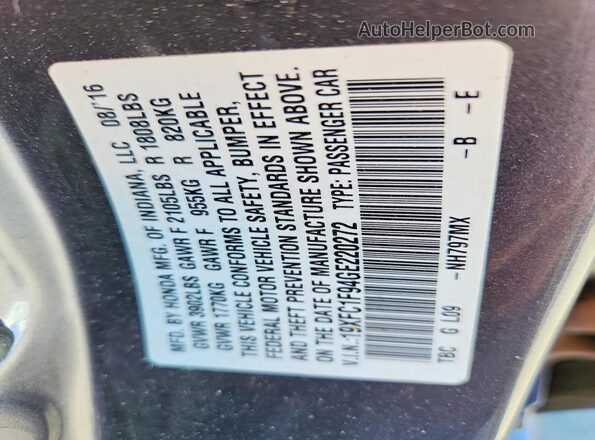 19XFC1F94GE220272 2016 HONDA CIVIC Gray Vista de la etiqueta del VIN