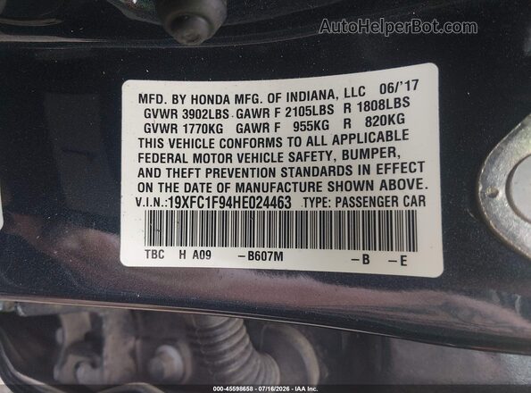 19XFC1F94HE024463 2017 HONDA CIVIC Dark Blue Vista del compartimento del motor