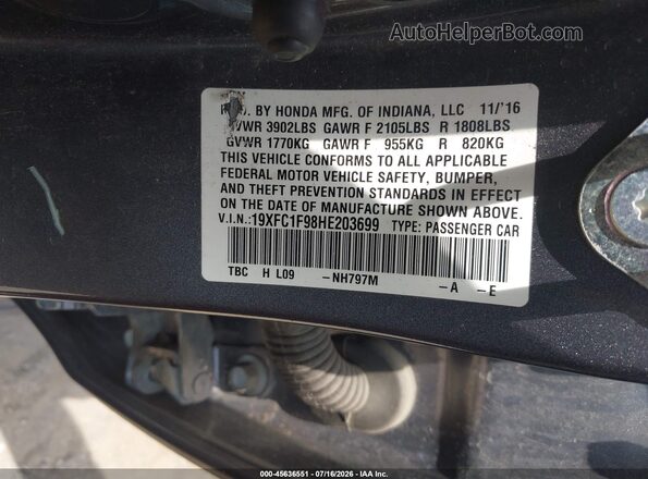 19XFC1F98HE203699 2017 HONDA CIVIC Gray ძრავის განყოფილების ხედი
