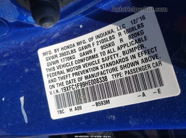 19XFC1F99HE008338 2017 HONDA CIVIC Blue Widok komory silnika