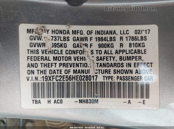 19XFC2E56HE028017 2017 HONDA CIVIC Серебряный Вид подкапотного пространства