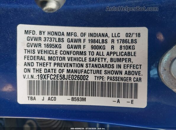 19XFC2E58JE026002 2018 HONDA CIVIC Blue ძრავის განყოფილების ხედი