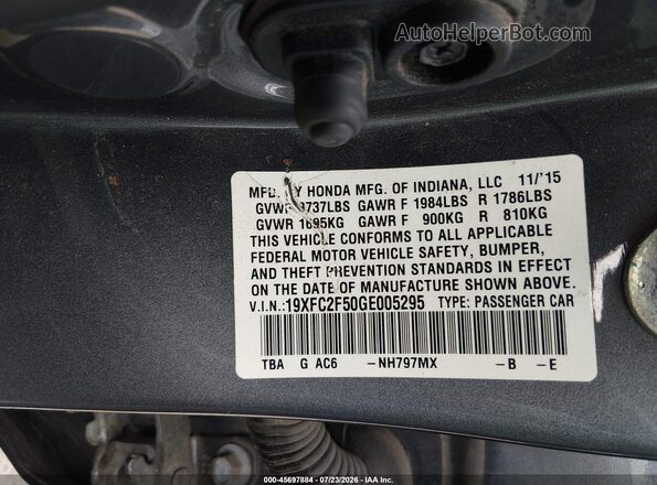19XFC2F50GE005295 2016 HONDA CIVIC Gray Engine compartment view