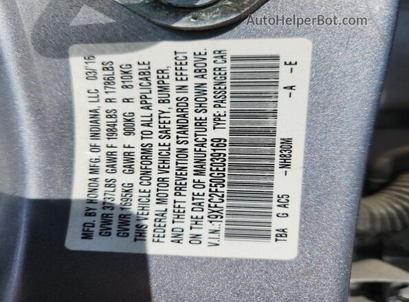 19XFC2F50GE039169 2016 HONDA CIVIC Silver Widok naklejki z numerem VIN
