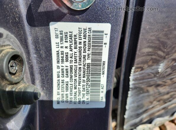 19XFC2F50HE032885 2017 HONDA CIVIC Gray VIN კოდის სტიკერის ხედი
