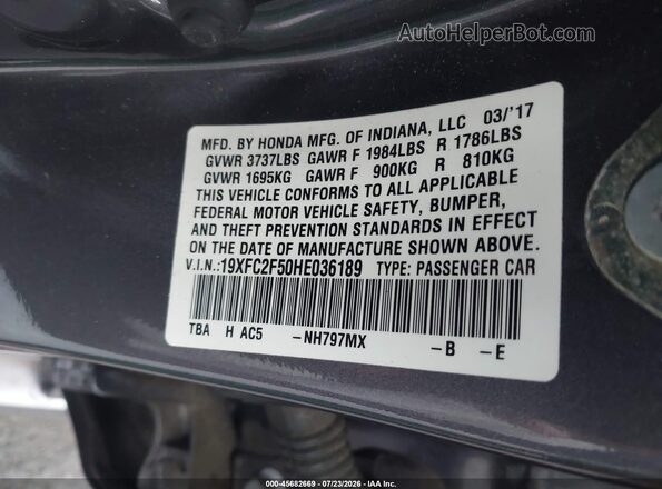 19XFC2F50HE036189 2017 HONDA CIVIC Gray Engine compartment view