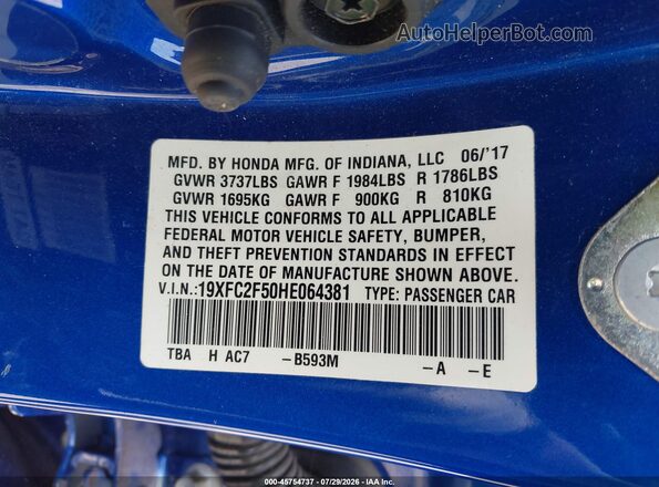 19XFC2F50HE064381 2017 HONDA CIVIC Blue Շարժիչի բաժամունքի տեսք